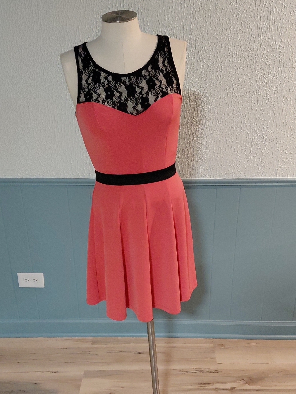 Material Girl Coral Mini Dress with Black Lace Yoke